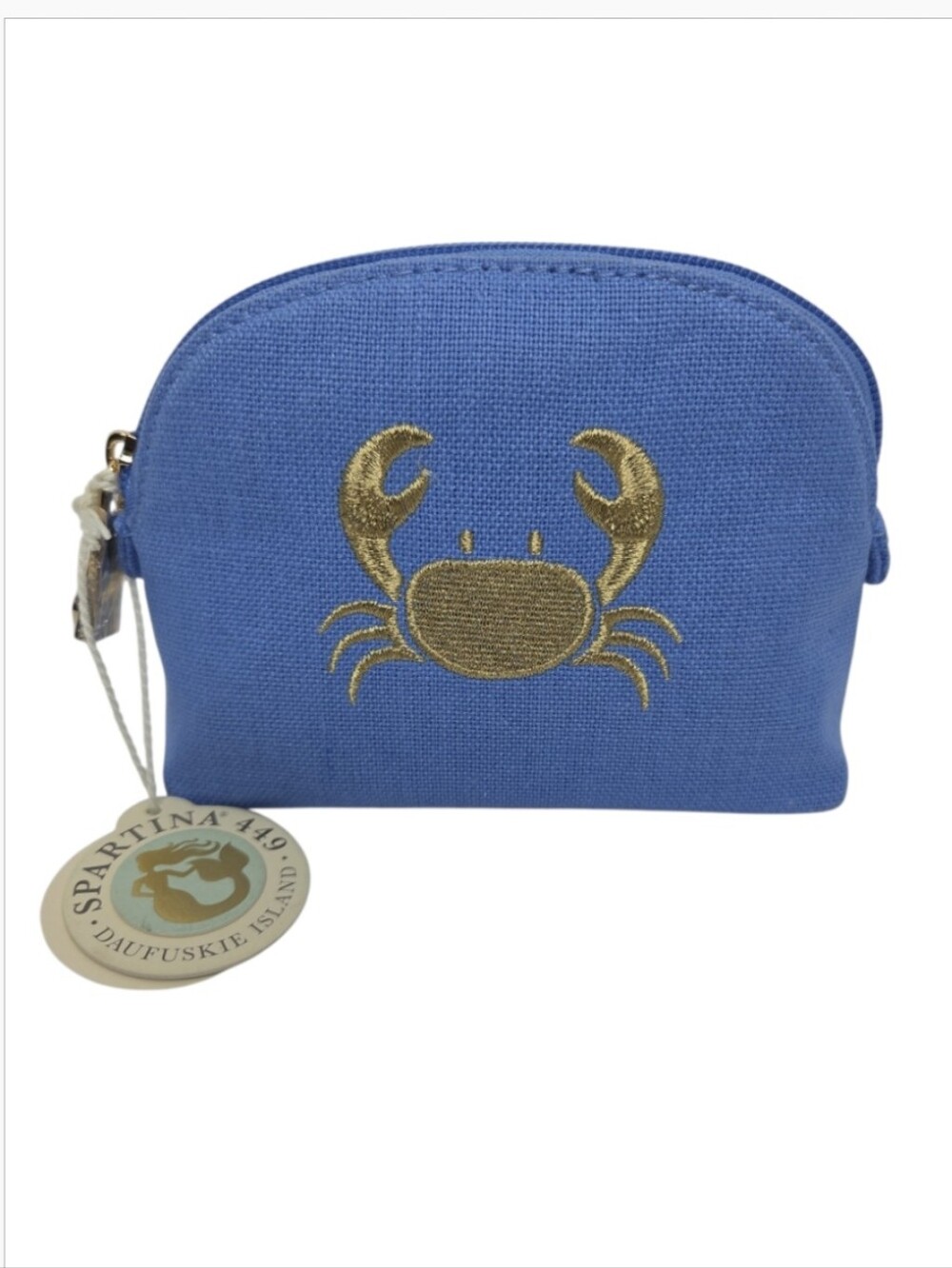Spartina 449 Small Blue Cosmetic Case Gold Metallic Embroidered Crab NEW